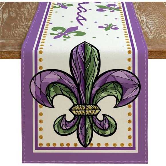 Mardi Gras Table Runner Fleur De Lis Party Decor Cottage Dining Decorative Cloth - Picture 1 of 8